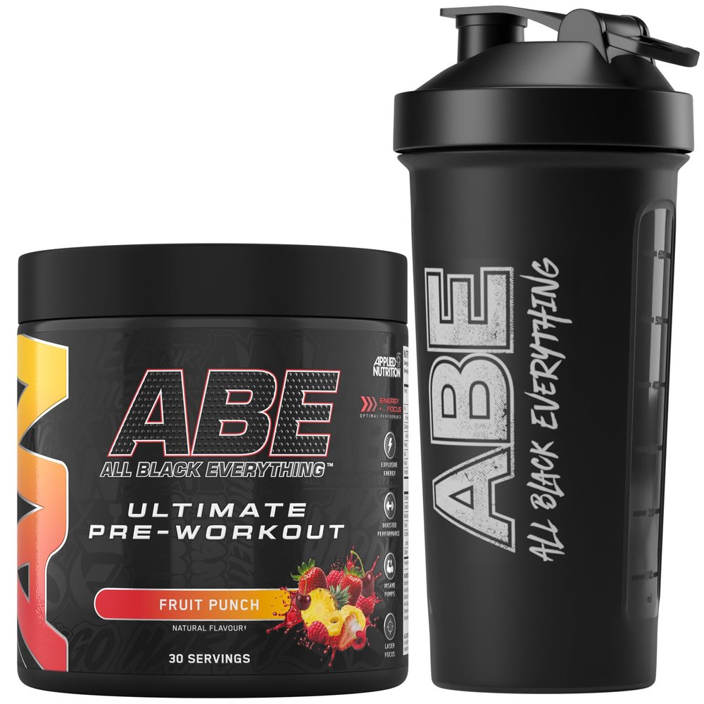 Applied Nutrition Bundle ABE Pre Workout 375g + ABE Black Shaker 700ml | All Black Everything Pre Workout Powder, Energy Drink, Physical Performance, Creatine, Beta Alanine, Caffeine (Fruit Punch)