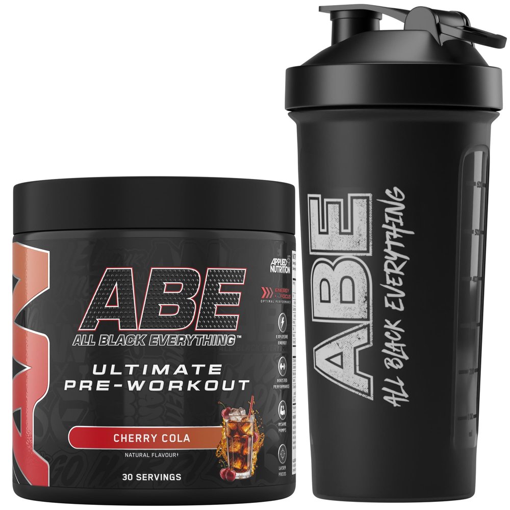 Applied Nutrition Bundle ABE Pre Workout 375g + ABE Black Shaker 700ml | All Black Everything Pre Workout Powder, Energy Drink, Physical Performance, Creatine, Beta Alanine, Caffeine (Cherry Cola)