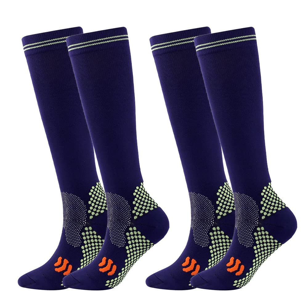 Linghe 2 Pairs Compression Socks for Women and Men 20-25mmHg, Is Best for Flight, Running, Calf Pressur Support, Nurse (L/XL, dark blue)