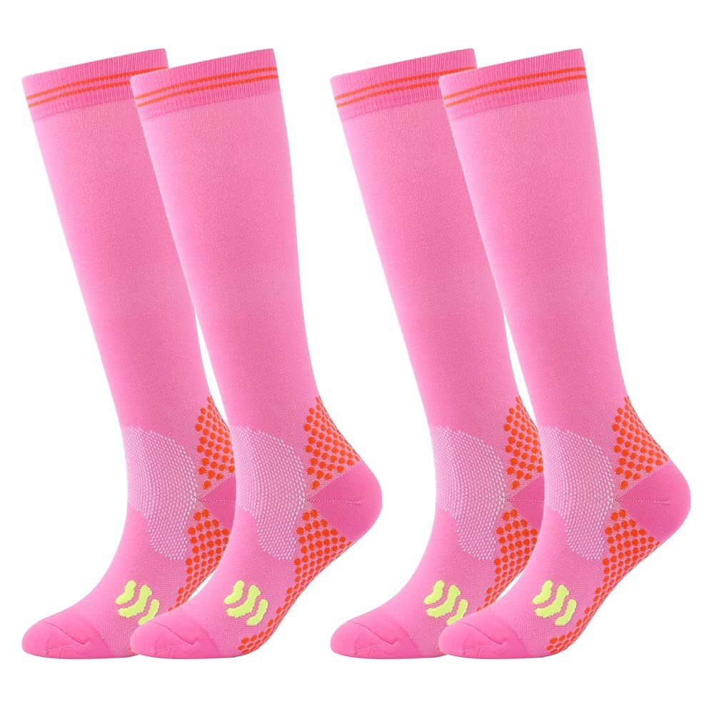 Linghe 2 Pairs Compression Socks for Women and Men 20-25mmHg , Is Best for Flight , Running , Calf Pressur Support , Nurse . (L/XL, pink)