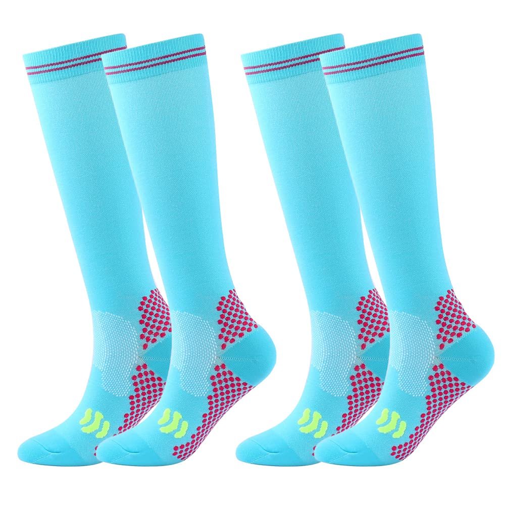 Linghe 2 Pairs Compression Socks for Women and Men 20-25mmHg, Is Best for Flight, Running, Calf Pressur Support, Nurse (L/XL, lake blue)