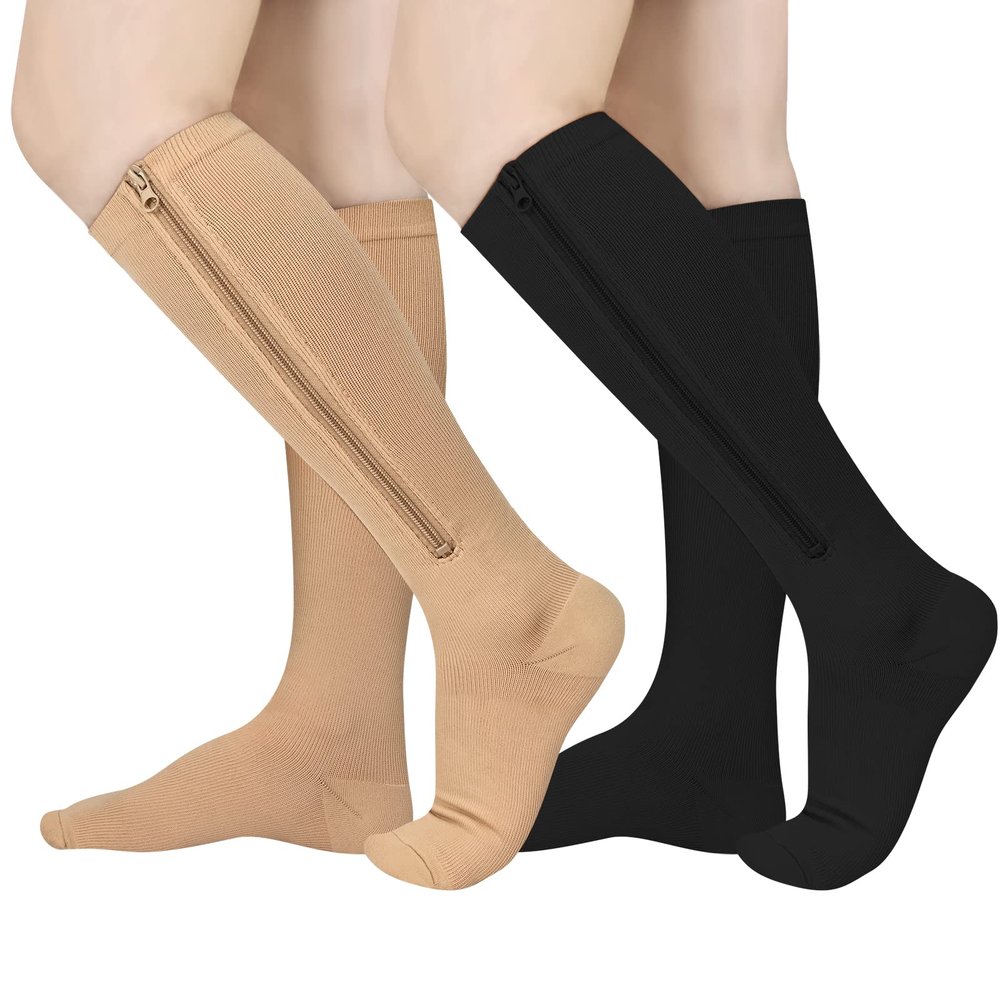 2 Pairs Zipper Compression Socks, 15-20 mmHg Closed Toe Compression Stocking with Zipper for Women and Men, Multicolor, XXL