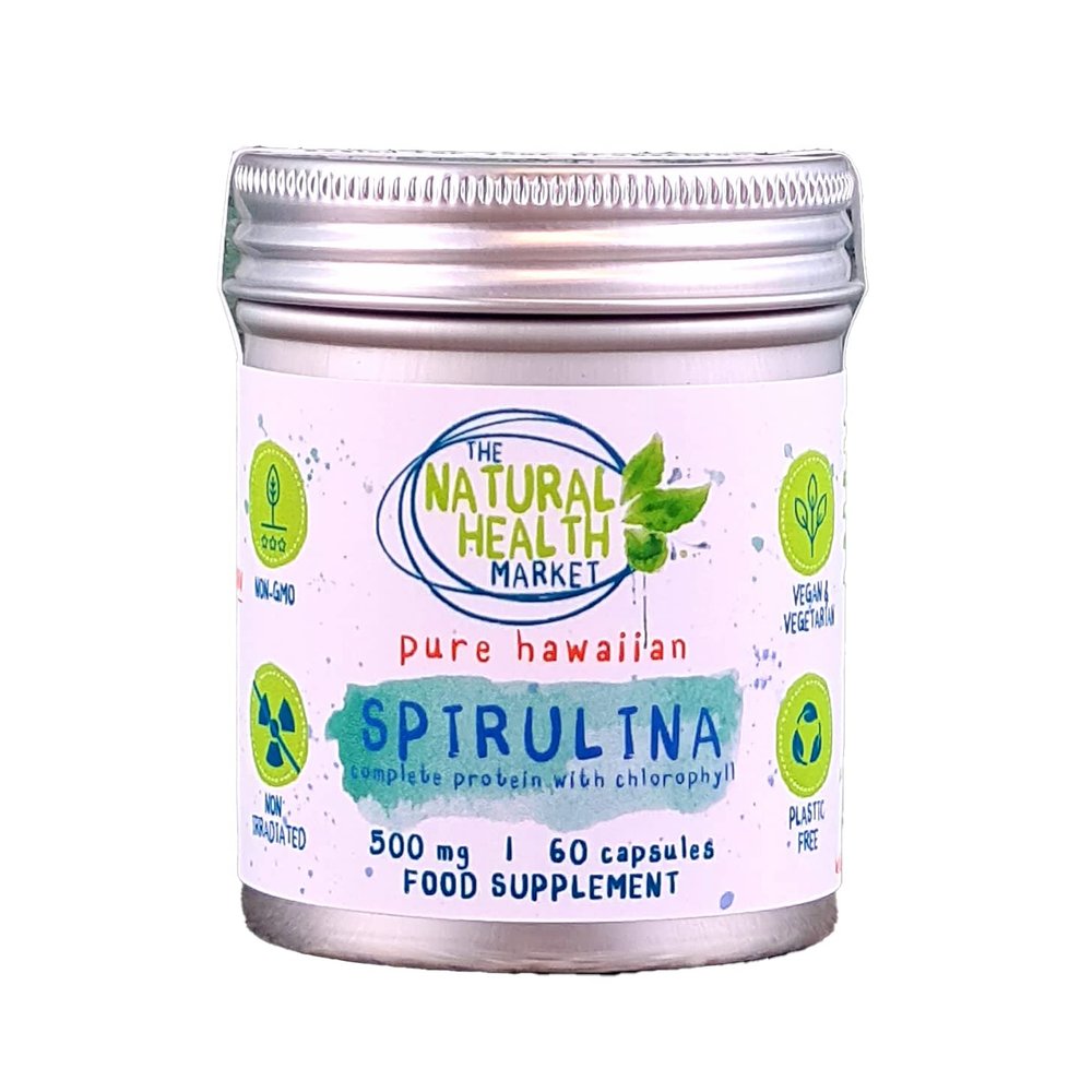 Hawaiian Spirulina Capsules 500mg by The Natural Health Market - 100% Pure - No Additives - Plastic Free Packaging - Made in England - Vegan-Friendly Supplement (60 Capsule - TIN)