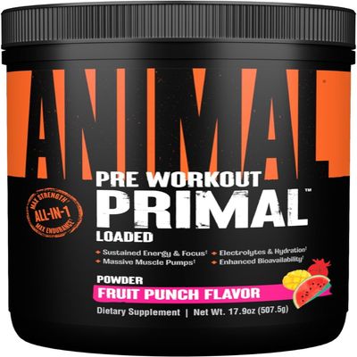 ANIMAL Primal Pre Workout Fruit Punch Training Booster with 300 mg Caffeine, 3DPUMP, Electrolytes & beta-Alanine Pre-Workout Powder for Energy, Pump & Focus Sugar-Free 507.5 g