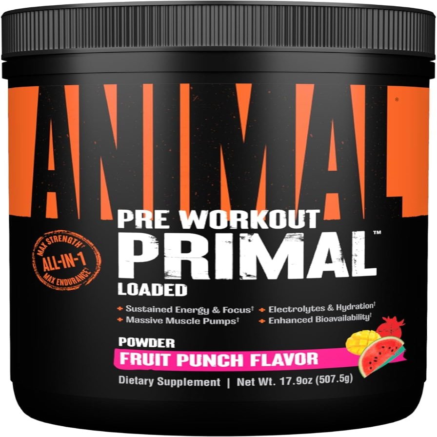 ANIMAL Primal Pre Workout Fruit Punch Training Booster with 300 mg Caffeine, 3DPUMP, Electrolytes & beta-Alanine Pre-Workout Powder for Energy, Pump & Focus Sugar-Free 507.5 g