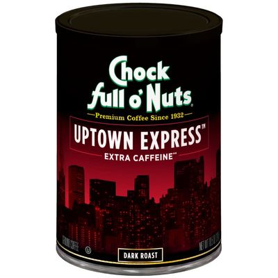 Chock Full oNuts Uptown Express Roast, Dark Roast Ground Coffee with Extra Caffeine Gourmet Coffee Beans Bold, Full-Bodied and Intense Coffee (10.5 Oz. Can)