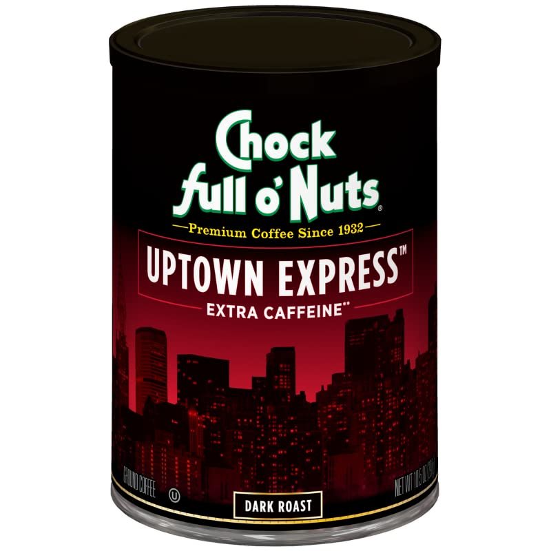 Chock Full oNuts Uptown Express Roast, Dark Roast Ground Coffee with Extra Caffeine Gourmet Coffee Beans Bold, Full-Bodied and Intense Coffee (10.5 Oz. Can)