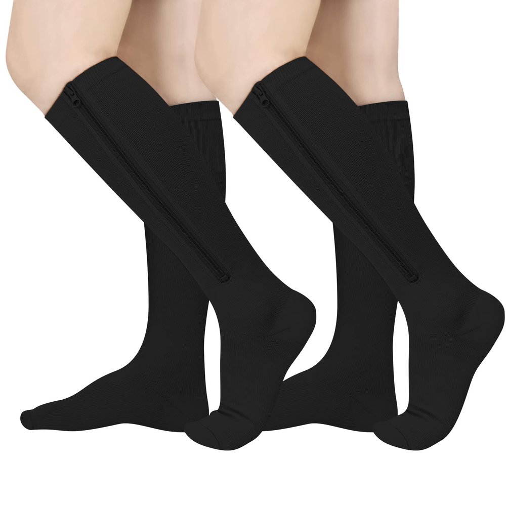 2 Pairs Zipper Compression Socks, 15-20 mmHg Closed Toe Compression Stocking with Zipper for Women and Men, Black, S-M