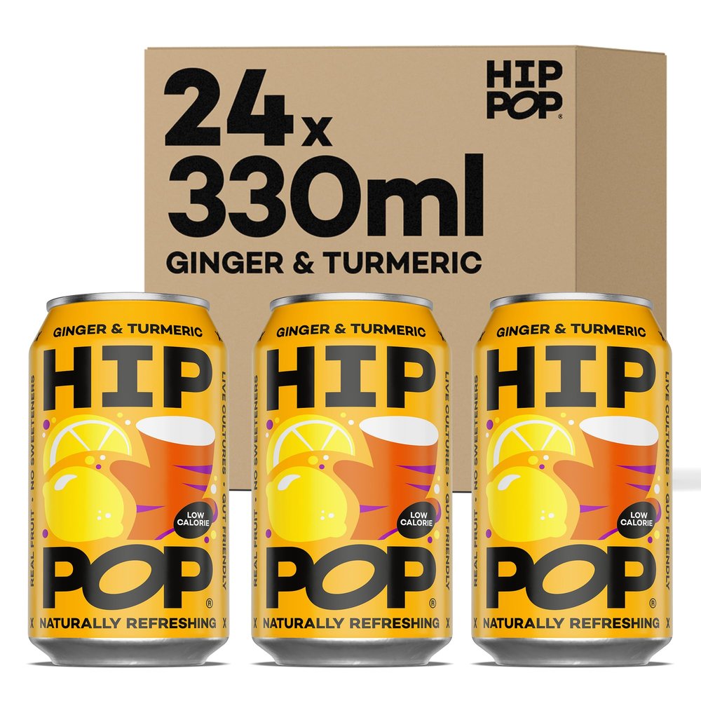 Hip Pop Soda, Ginger & Turmeric, Low Calorie, 100% Natural, Vegan, Branding of Cans May Vary, 24 x 330 ml
