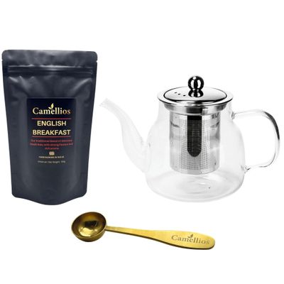 English Breakfast Loose Leaf Tea Gift Set with Heat Resistant Teapot, Tea Measuring Spoon