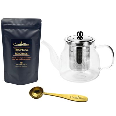 Loose Leaf Gift Set, Heat Resistant Teapot, Tea Measuring Spoon, 100g Loose Leaf Tea, Camellios (Tropical Rooibos)