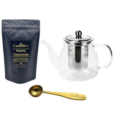 Loose Leaf Gift Set, Heat Resistant Teapot, Tea Measuring Spoon, 100g Loose Leaf Tea, Camellios (Peachy Chamomile)