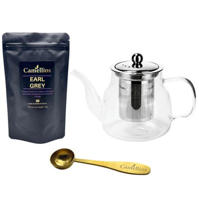 Loose Leaf Gift Set, Heat Resistant Teapot, Tea Measuring Spoon, 100g Loose Leaf Tea, Camellios (Earl Grey)