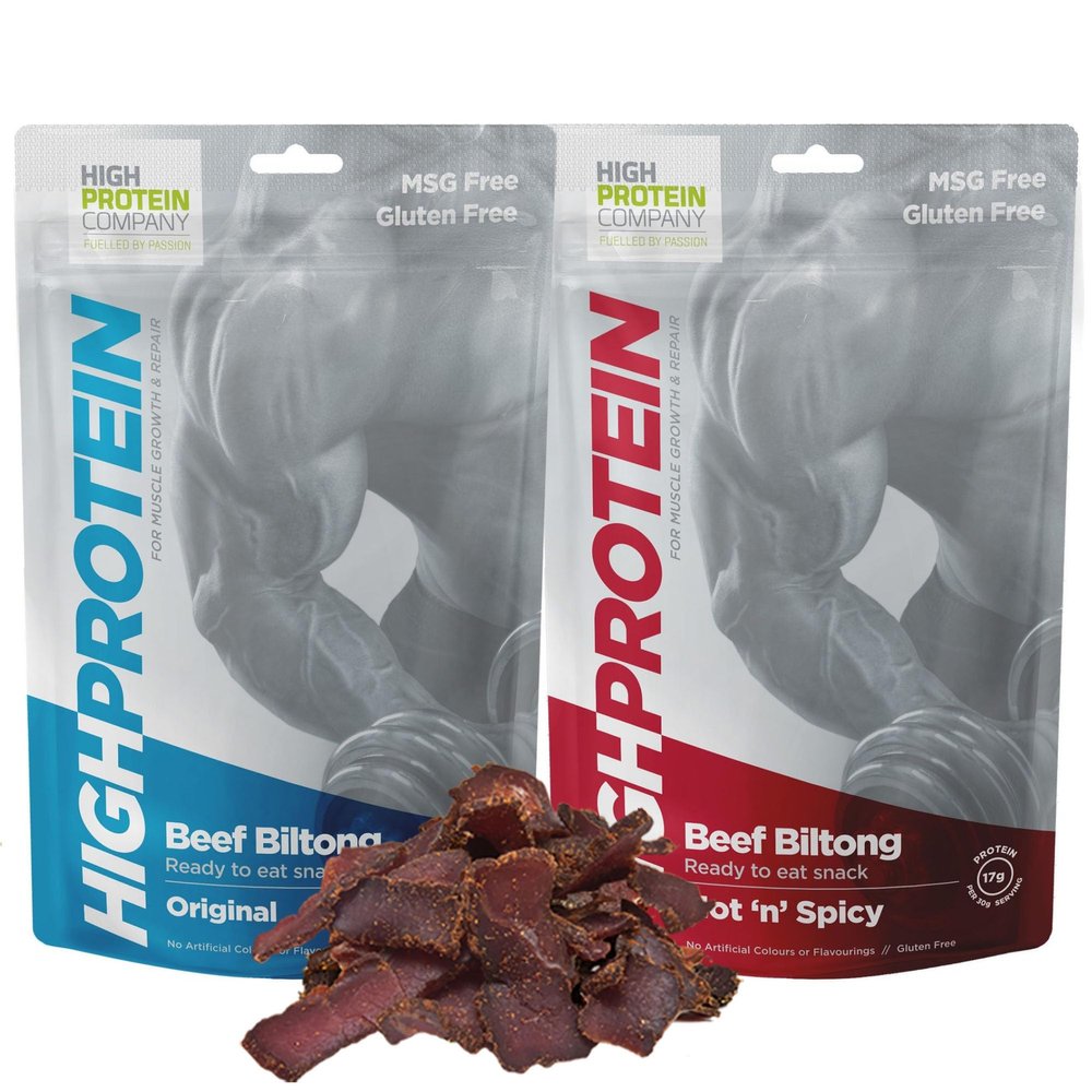 High Protein - Original Biltong and Hot n Spicy Beef Biltong, 50g Pack of 10 High Protein, low fat, Thin Tender Slices of authentic Beef Biltongs, beef Jerky, MSG Free, Convenient Snack