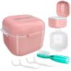 DIDATOOL Retainer Case, Denture Bath, Denture Cups for Soaking Dentures, Denture Pots with Lid, Easy to Carry and Clean Denture Case with Removable Rinse Basket and Finger Toothbrush (Pink) view 1