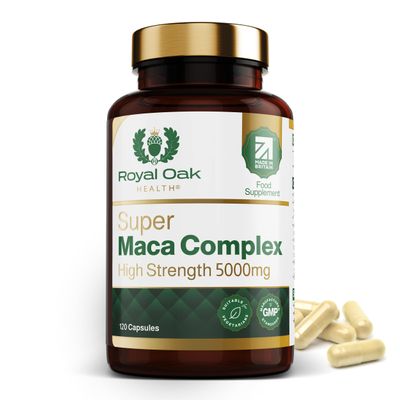 Super Maca Root Complex 5,000mg High Potency Black + Yellow Maca Extract with Panax Ginseng, L-Arginine & Black Pepper (120 Capsules / 4 Month Supply) Made in UK by Royal Oak Health