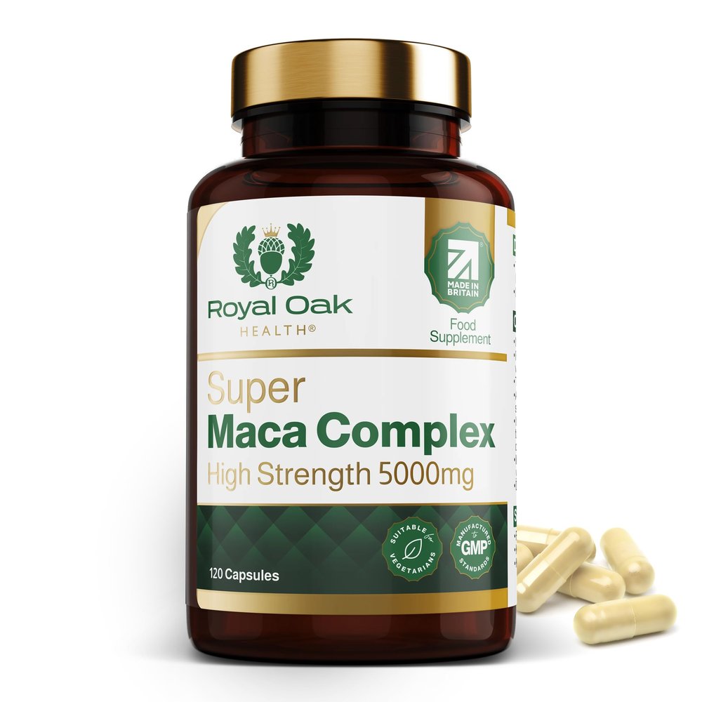 Super Maca Root Complex 5,000mg High Potency Black + Yellow Maca Extract with Panax Ginseng, L-Arginine & Black Pepper (120 Capsules / 4 Month Supply) Made in UK by Royal Oak Health
