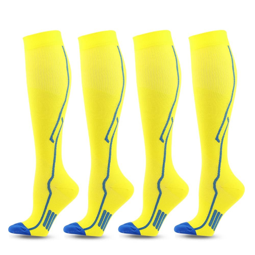 Linghe 4 Pairs Compression Socks for Men and Women (20-25mmHg), Is Best for Calf Pressur Support, Football, Travel, Flight, Athletics, Nurse (S/M, Yellow)