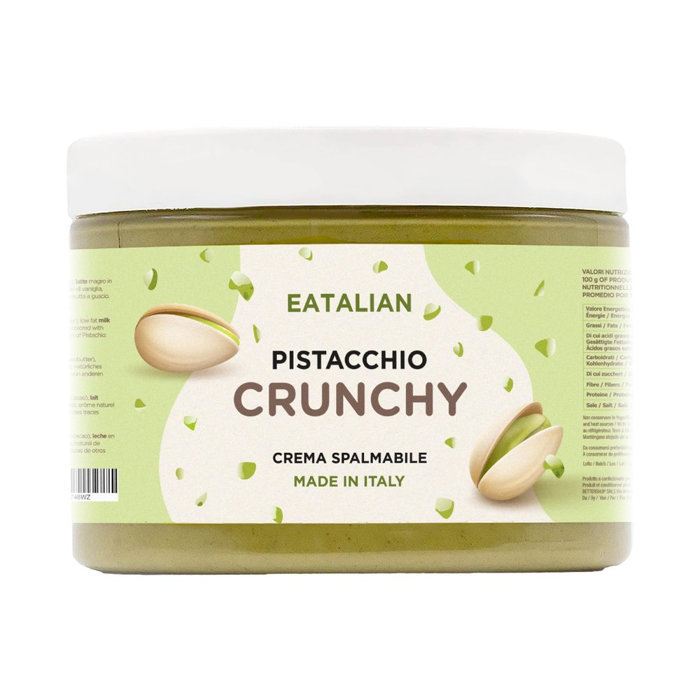 EATALIAN by AMZ BETTER Pistachio Cream CRUNCHY 500 gr, Spreadable Cream with Pistachio Granules, Sweet Taste, Ideal on Bread, for Filling Desserts, Ice Cream, Dubai Chocolate, Made in Italy