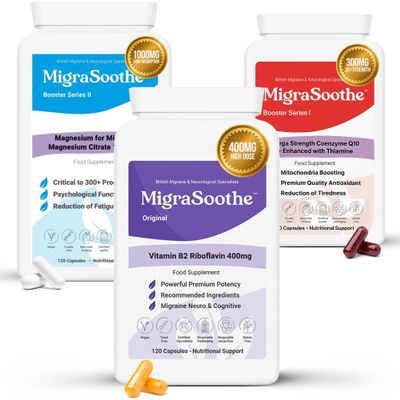 Migrasoothe Triple Relief Pack: Riboflavin 400mg, High Strength Coenzyme Q10 & Absorbable Magnesium - 240 Capsules - Boosts Mitochondrial Brain Energy & Aids Migraine/Headache Relief - UK Made