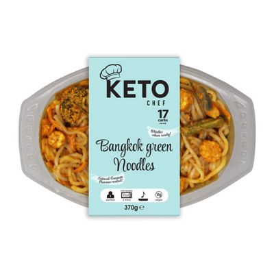Keto Chef Instant Chilled Meals - Konjac Vegan & Low Calorie, High in Protein, Microwavable Meal | Ready to Eat Meal Pack of 4 (370g) (Bangkok Green Noodles)