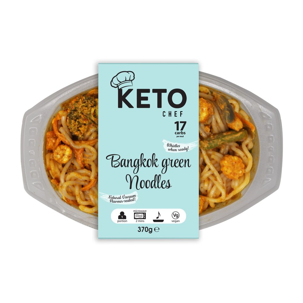 Keto Chef Instant Chilled Meals - Konjac Vegan & Low Calorie, High in Protein, Microwavable Meal | Ready to Eat Meal Pack of 4 (370g) (Bangkok Green Noodles)