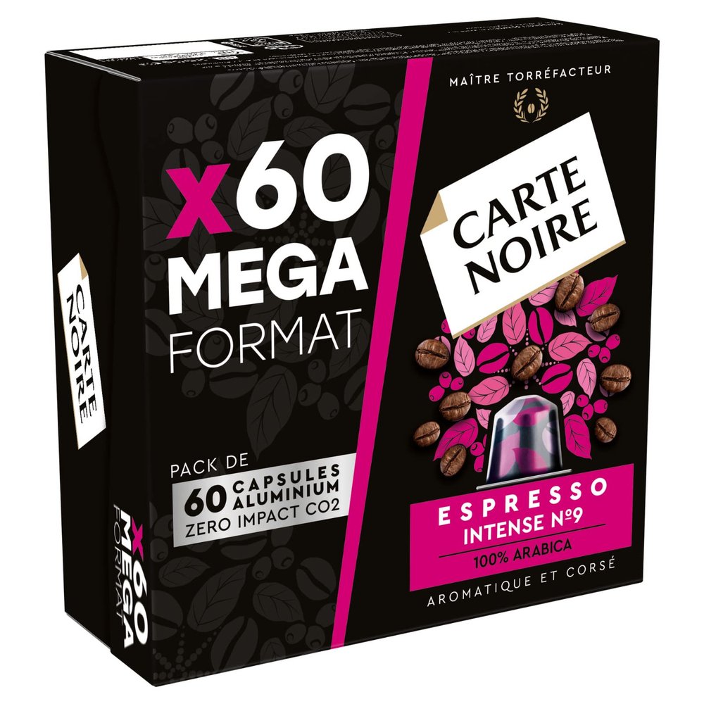 Carte Noire, Espresso Intense, Nespresso Compatible Aluminium Capsules, 1 Pack of 60 Coffee Pods, 100% Arabica, Dried Fruit and Chocolate Notes, Intensity 9/13, Rich and Lasting Taste