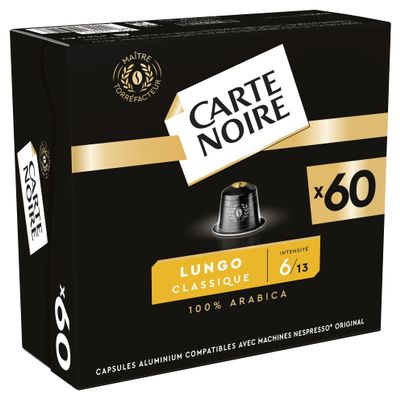 Carte Noire, Espresso Lungo, Nespresso Compatible Aluminium Capsules, 1 Pack of 60 Pods, 100% Arabica, Roasted and Nutty Notes, Intensity 8/10, Rich Texture, Capsules for a Tall Coffee