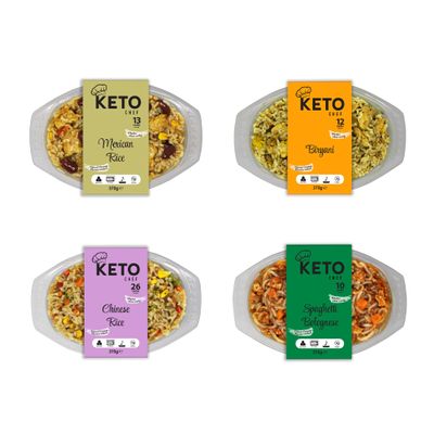 Keto Chef Instant Rice Ready Meals  Chinese Fired Rice, Mexican Rice, Biryani Rice, Spaghetti Bolognese Noodles, Konjac Vegan Microwaveable Meal | Free-from & High in Protein Pack of 4 (370g)