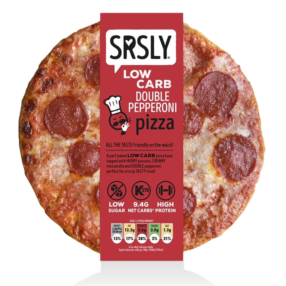 SRSLY Low Carb Double Pepperoni Pizza 9 Inch Multipack of 9 | Keto Low Carb Low Sugar High Protein Halal | Crispy Base Full Flavour Toppings Ready to Bake | Fresh Frozen Pizza Multipack