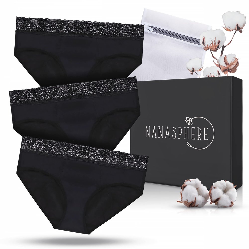 Pack of 3 Ultra Absorbent Period Panties 4 Layers Organic Cotton + Laundry Bag | Menstrual Panty Abundant Flow Washable Underwear Menstruation Postpartum Leaks Teenager Incontinence XXL