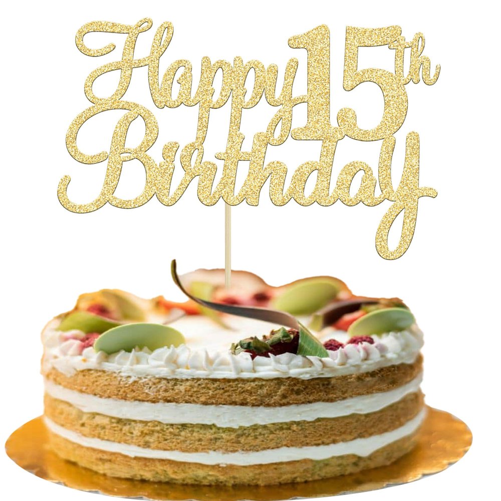 Gyufise 1Pc Gold Happy 15th Birthday Cake Topper Glitter 15th Birthday Cake Pick Cheers to 15 Years Old Fifteen Fabulous Cake Decorations for 15th Birthday Theme Party Supplies