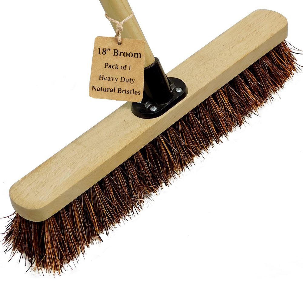 18 Stiff Broom Outdoor Heavy Duty with Wooden Handle Natural Bassine Hard Bristle Yard Brush Factory Warehouse Floors Commercial and Industrial Broom Strong Wooden Brush (Pack of 1)
