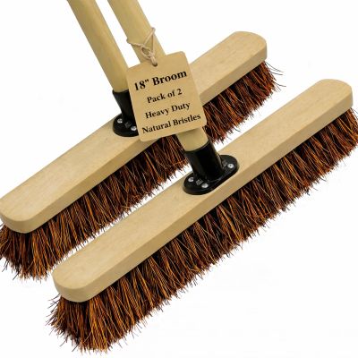 18 Stiff Broom Outdoor Heavy Duty with Wooden Handle Natural Bassine Hard Bristle Yard Brush Factory Warehouse Floors Commercial and Industrial Broom Strong Wooden Brush (Pack of 2)