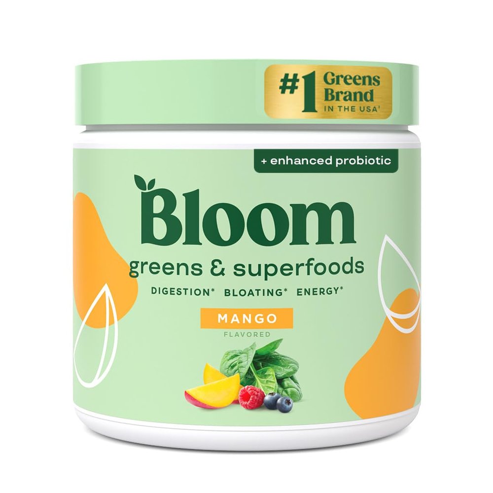 Bloom Nutrition Super Greens Powder Mango (30 servings) Combines Probiotics, Digestive Enzymes, Spirulina, and Chlorella to Support Womens Gut Health, Reduce Bloating, and Improve Digestion Naturally