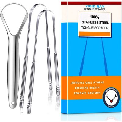 ATETEO Tongue Scraper, 3 Pack 100% (Medical Grade) Professional Stainless Steel Tounge ScrappersTongue Cleaner Great for Banishes Bad Breath and Maintains Oral Care, Silver
