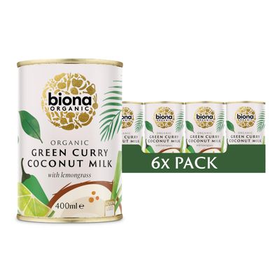 Biona Organic Green Curry Coconut Milk 400ml, Pack of 6 - Dairy Free, Naturally Vegan - Blended with Chilli and Lemongrass - Pressed from Coconut Kernels - Vegan -BPA free can