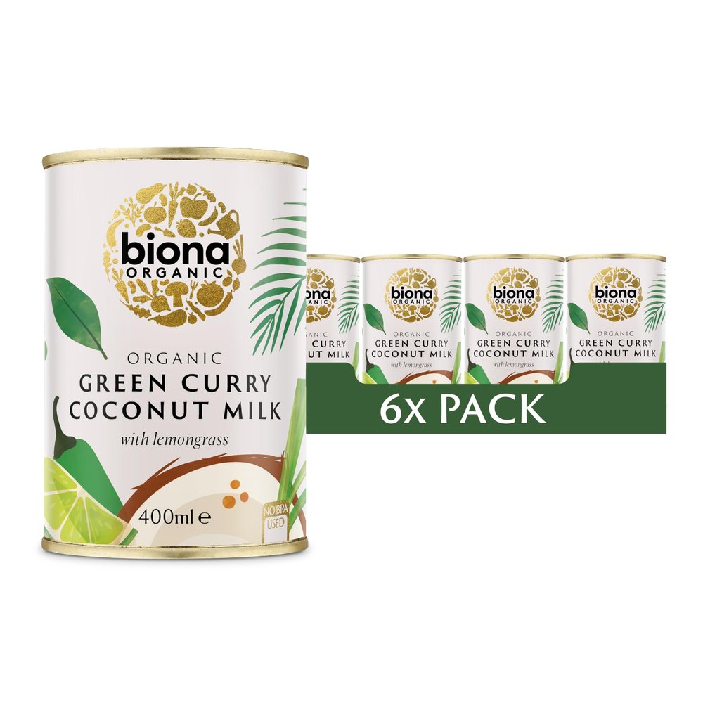 Biona Organic Green Curry Coconut Milk 400ml, Pack of 6 - Dairy Free, Naturally Vegan - Blended with Chilli and Lemongrass - Pressed from Coconut Kernels - Vegan -BPA free can