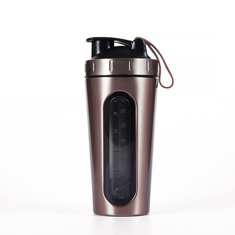 Ecoodisk 25oz (700ml) Stainless Steel Protein Shaker Bottle with Mixing Ball, Visible Window, Loop Top, Handle, Leak Proof, BPA Free.,B