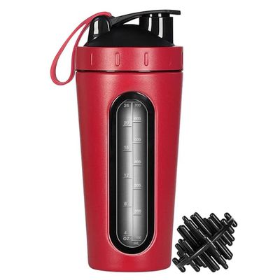 Ecoodisk 25oz (700ml) Stainless Steel Protein Shaker Bottle with Mixing Ball, Visible Window, Loop Top, Handle, Leak Proof, BPA Free.,A
