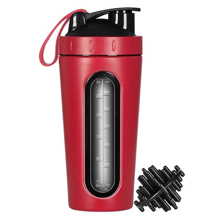 Ecoodisk 25oz (700ml) Stainless Steel Protein Shaker Bottle with Mixing Ball, Visible Window, Loop Top, Handle, Leak Proof, BPA Free.,A