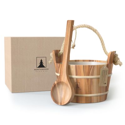 Northwood Sauna - Sauna Bucket and Ladle Set - Handmade from Canadian Red Cedar Wood - Plastic Liner and Rope Handle