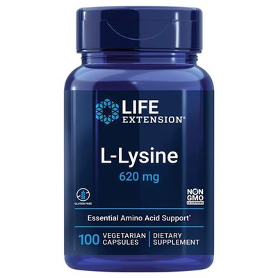 Life Extension, L-Lysine, 620mg, High Dose, 100 Vegan Capsules, Gluten Free, Vegetarian, SOYA Free, GMO Free