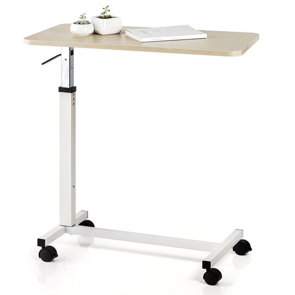 GUNEL Medical Overbed Bedside Table with Rolling Wheels, Height Adjustable Hospital Bed End Table C Shape Sofa Side Table, Laptop Table, 80x40x106cm