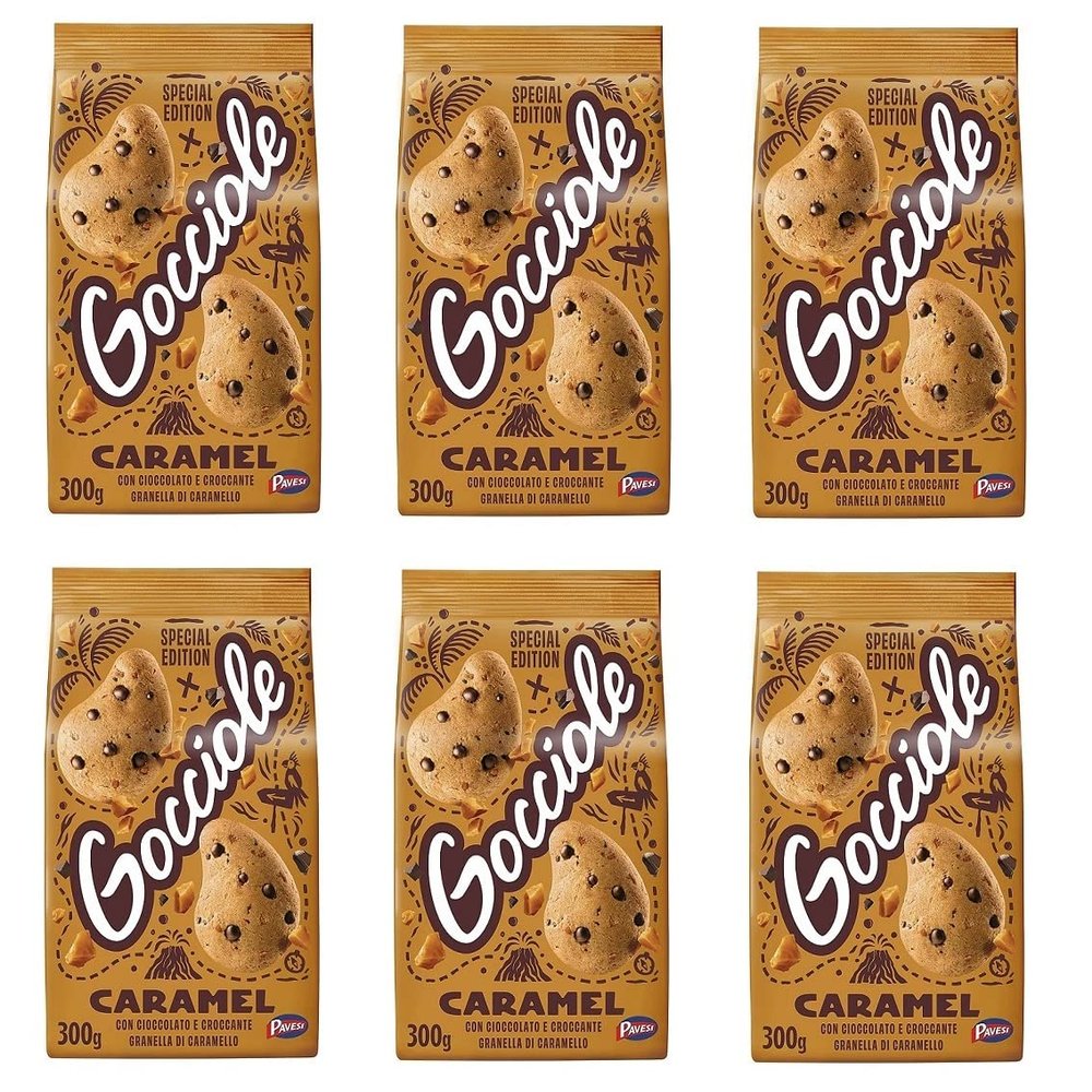 6 x Pavesi Gocciole Caramel Biscuits with Crispy Chocolate and Caramel Grains 300 g