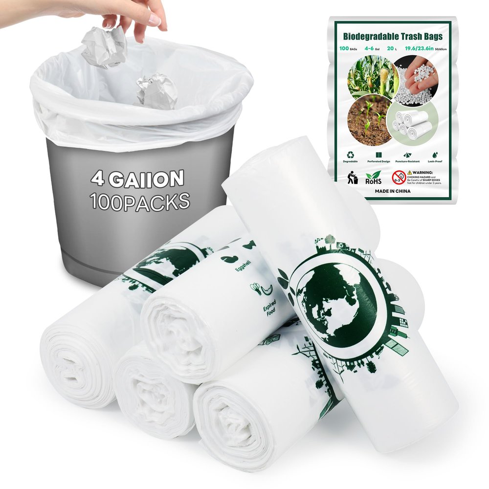 20 Liter Bin Bags Biodegradable - Food Waste Bags 100PCS Small Bin Liners Degradable Compost Bags 100% Recycled - Garbage Bags Rubbish bags for Kitchen, Toilet, Bedroom, Office, Household