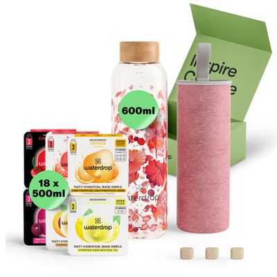 waterdrop Glass Starter Set 600ml Borosilicate Glass Bottle + 18 Sugar-Free Microdrink Hydration Cubes in 6 Flavours, Vitamin C & B Infused, BPA Free Water Bottle, Gift Set