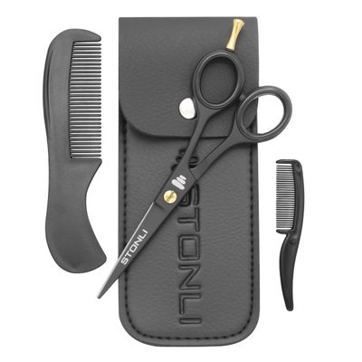 STONLI 5" Beard and Moustache Scissors with Comb & Pouch - Small Hairdressing Scissors - Nose, Ear & Eyebrows Hair Scissor (Black)