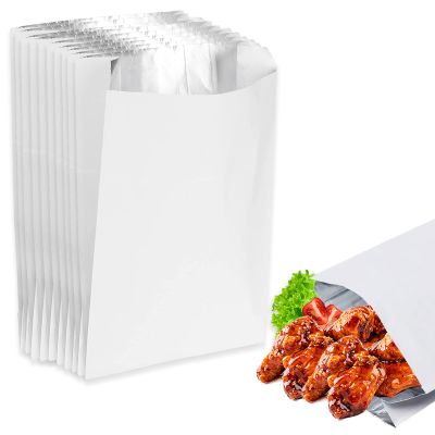 BBQ Bags White Foil Lined Paper Bag Greaseproof Chicken Naan Bread Burger Ribs Hot Food Pouches (200, Small (7" x 9" x 8"))