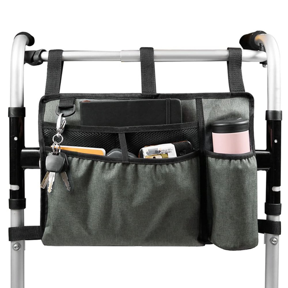 1 Set Walker Bag with Cup Holder Large Capacity Storage Pouch Wheelchairs Storage Organizer Bag Walker Rollator Storage Bag Folding Storage Pouch for Seniors Elderly Handicap(grey)